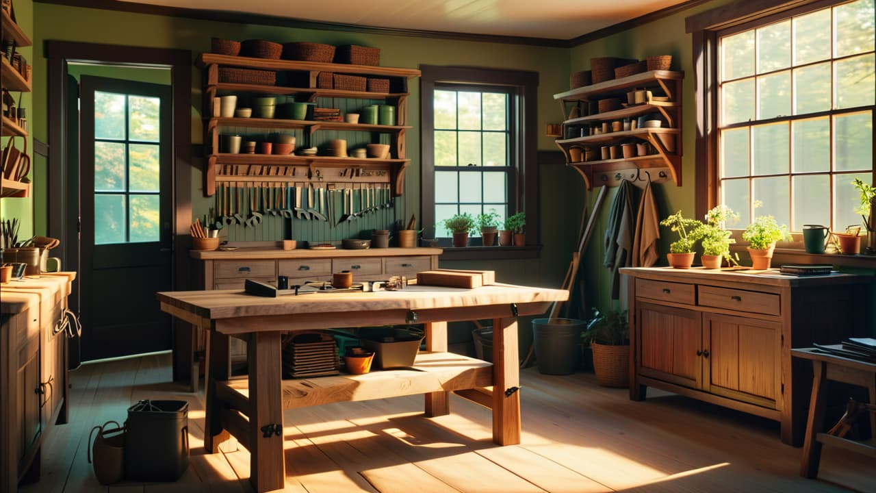  a cozy workshop filled with essential woodworking tools: a wooden workbench, hand saws, clamps, and freshly cut lumber. sunlight streams through a window, illuminating beginner friendly project plans pinned on the wall. hyperrealistic, full body, detailed clothing, highly detailed, cinematic lighting, stunningly beautiful, intricate, sharp focus, f/1. 8, 85mm, (centered image composition), (professionally color graded), ((bright soft diffused light)), volumetric fog, trending on instagram, trending on tumblr, HDR 4K, 8K