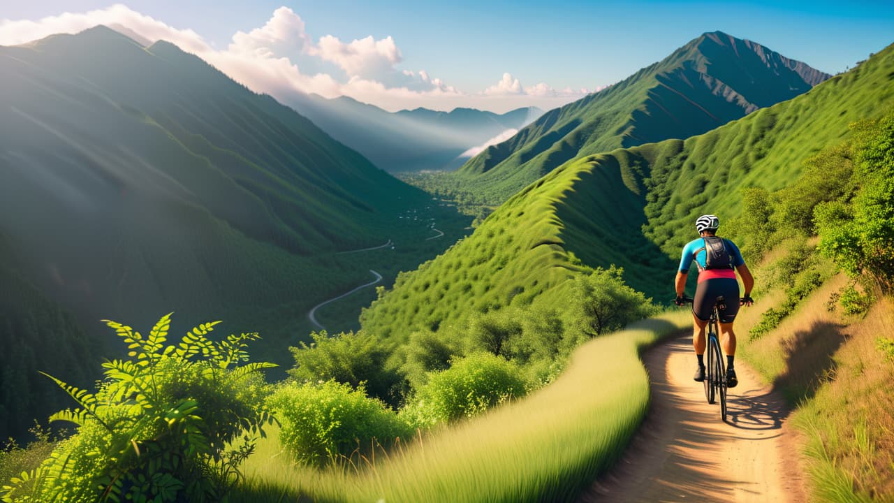  a rugged mountain trail surrounded by lush greenery, with a cyclist in vibrant gear pedaling uphill, sweat glistening, while a scenic vista of distant mountains and blue sky looms in the background. hyperrealistic, full body, detailed clothing, highly detailed, cinematic lighting, stunningly beautiful, intricate, sharp focus, f/1. 8, 85mm, (centered image composition), (professionally color graded), ((bright soft diffused light)), volumetric fog, trending on instagram, trending on tumblr, HDR 4K, 8K