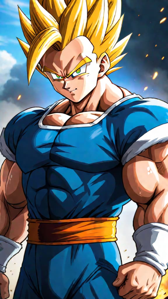  anime art: vegeta from dragon ball z, embodying saiyan pride as a legacy, burden, and unbreakable promise. hyperrealistic, full body, detailed clothing, highly detailed, cinematic lighting, stunningly beautiful, intricate, sharp focus, f/1. 8, 85mm, (centered image composition), (professionally color graded), ((bright soft diffused light)), volumetric fog, trending on instagram, trending on tumblr, HDR 4K, 8K