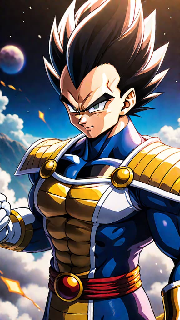  an anime art of vegeta from dragon ball as a god of destruction facing beerus. hyperrealistic, full body, detailed clothing, highly detailed, cinematic lighting, stunningly beautiful, intricate, sharp focus, f/1. 8, 85mm, (centered image composition), (professionally color graded), ((bright soft diffused light)), volumetric fog, trending on instagram, trending on tumblr, HDR 4K, 8K