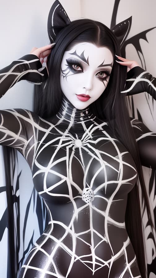  Black Spider-patterned body paint in every corner of the whole body, full-body, silver body paint, White face paint on the face,Dark elf 女性