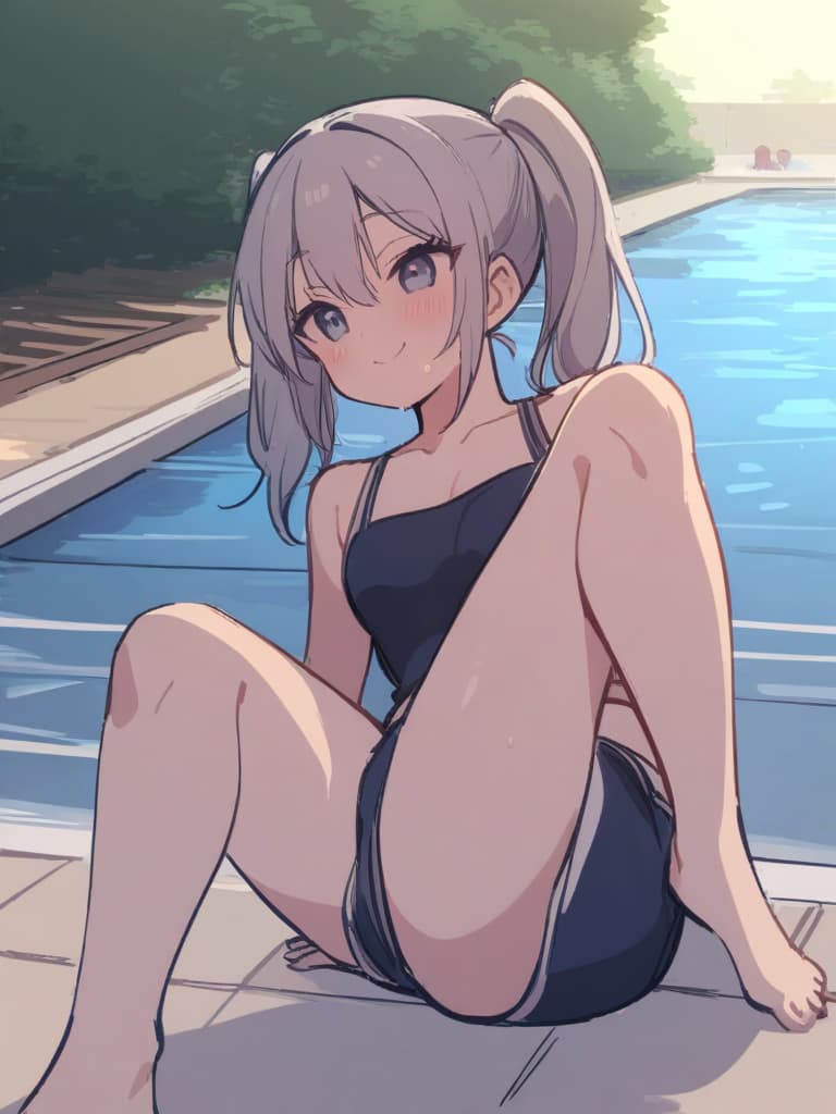  women's elementary students (with male), twin tails, cute smiles, rich s, low stature, dark blue swimwear, old swimwear, , simple, , area, (swelling), male (bulging), front, whole body , poolside,