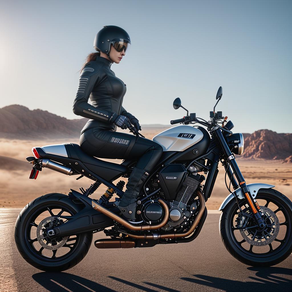  Motorcycle, high handlebars, single cylinder, highway in the desert, at a gas station, hyperrealistic, full body, detailed clothing, highly detailed, cinematic lighting, stunningly beautiful, intricate, sharp focus, f/1. 8, 85mm, (centered image composition), (professionally color graded), ((bright soft diffused light)), volumetric fog, trending on instagram, trending on tumblr, HDR 4K, 8K