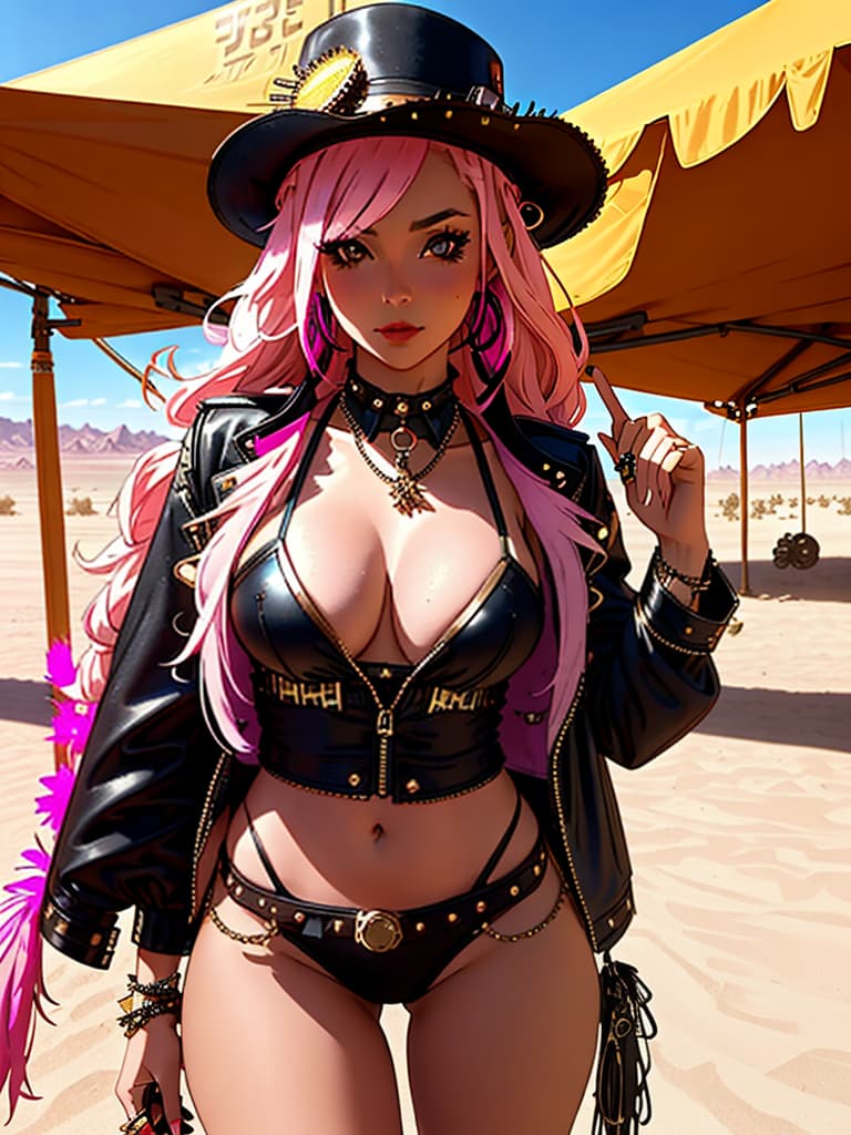  A medium, photo of a female influencer on the desert festival, dressed in a revealing rave outfit, decorated with fringe, bright outfit, steampunk style, daytime, desert background, sharp focus, cinematic, hd