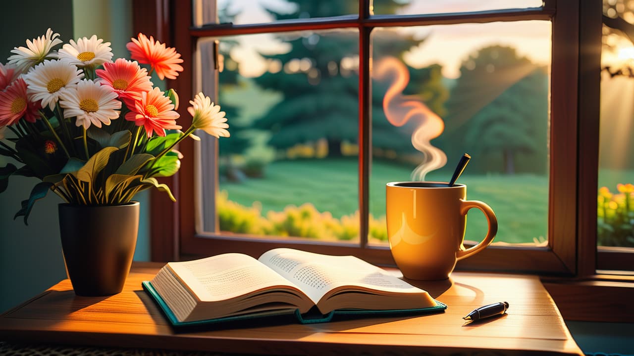  a serene sunrise scene featuring a peaceful bedroom with an open window, a journal and pen on a bedside table, an alarm clock, a yoga mat, a steaming cup of tea, and fresh flowers. hyperrealistic, full body, detailed clothing, highly detailed, cinematic lighting, stunningly beautiful, intricate, sharp focus, f/1. 8, 85mm, (centered image composition), (professionally color graded), ((bright soft diffused light)), volumetric fog, trending on instagram, trending on tumblr, HDR 4K, 8K