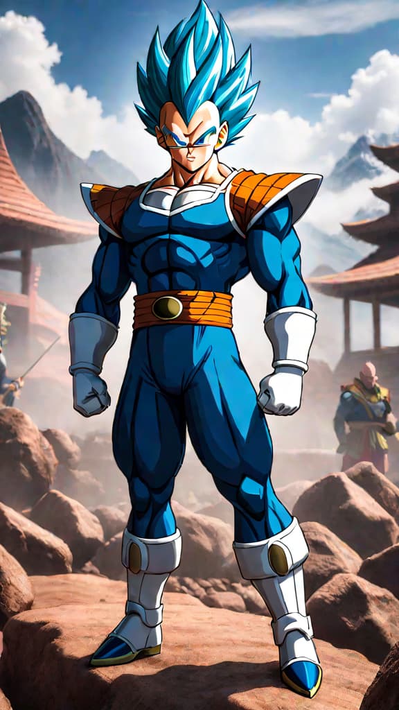  anime art of vegeta from dragon ball z torn between his family, friends, and humanity during majin buu saga. hyperrealistic, full body, detailed clothing, highly detailed, cinematic lighting, stunningly beautiful, intricate, sharp focus, f/1. 8, 85mm, (centered image composition), (professionally color graded), ((bright soft diffused light)), volumetric fog, trending on instagram, trending on tumblr, HDR 4K, 8K