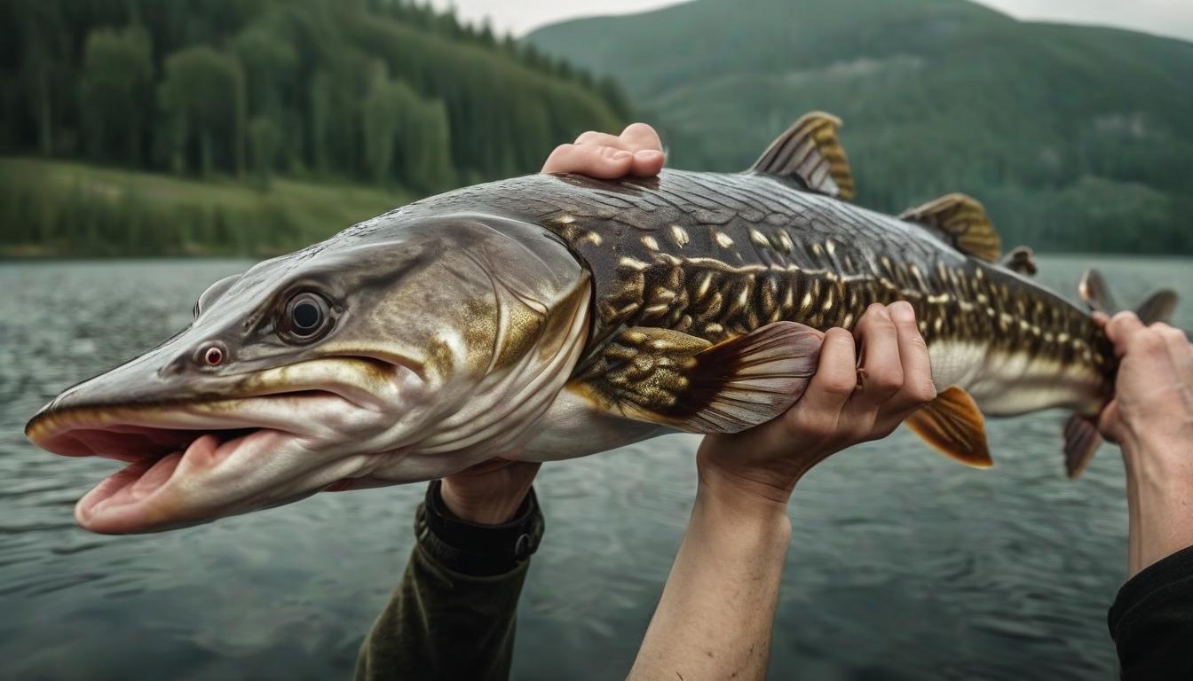  high quality, high detail, hands holding a large pike, the camera looks from above, against the background of the lake