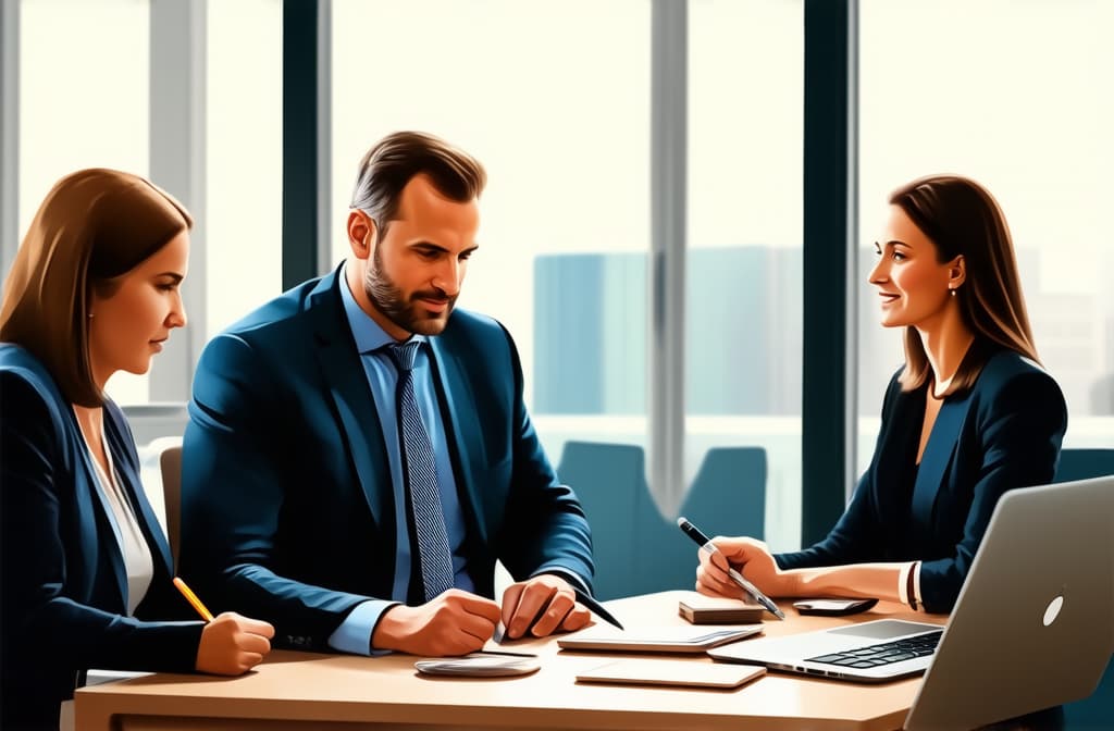  people working in office. business illustration representing busy life ar 3:2, (natural skin texture), highly detailed face, depth of field, hyperrealism, soft light, muted colors