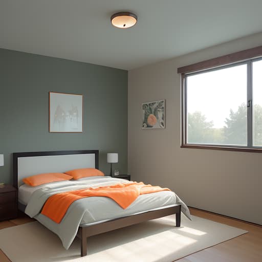  modern bedroom with bed, side tables and wall art in neutral tones with accents of dark green and orange. the room has large windows that illuminate the space with natural light. there is carpet on the floor and wooden paneling on one walls. in front there's an elegant grey fabric headboard and soft bedding. on each bedside table stand modern lamps casting warm glow over the scene. a minimalist painting hangs above it.