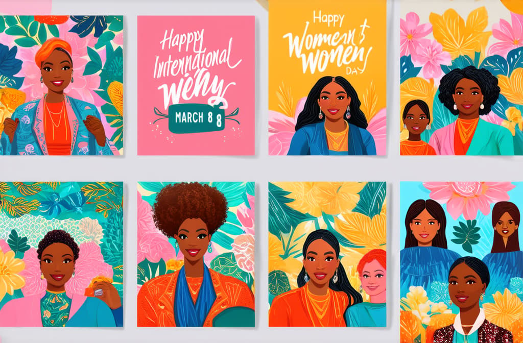  happy international women's day. march 8th. different races and nationalities. colored hand drawn vector illustrations. set of cards and seamless pattern ar 3:2 {prompt}, maximum details