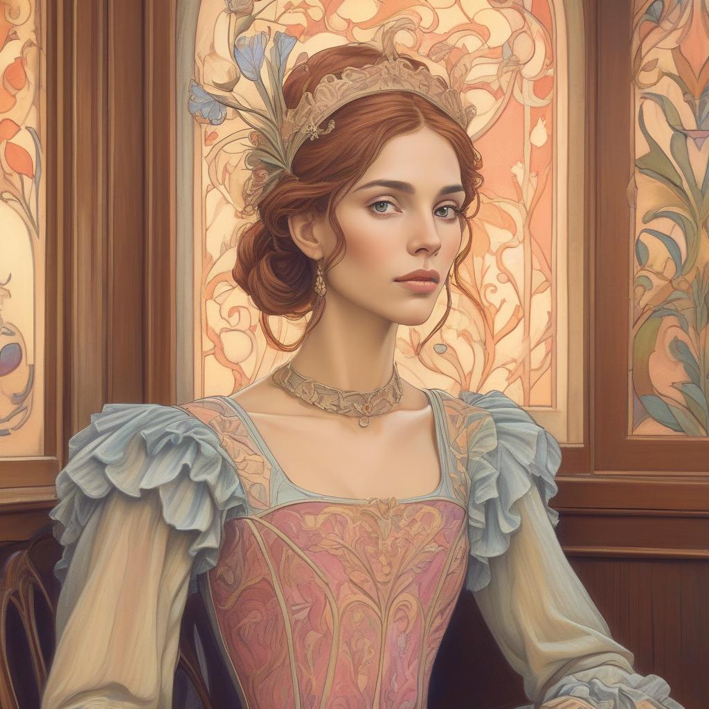  generate an art nouveau pastel painting of (((dulcinea))) as envisioned by don quixote, the love of his life. create a portrait that captures her timeless beauty, with soft natural lighting and a 85mm lens for a classic look. pay meticulous attention to detail, emphasizing the elegance of her attire and the enchantment in her eyes. render the scene with a high resolution to showcase her grace.a decorative woman awaits her suitor in an art nouveau cafe setting.. colored pencil draw: art nouveau female portrait..