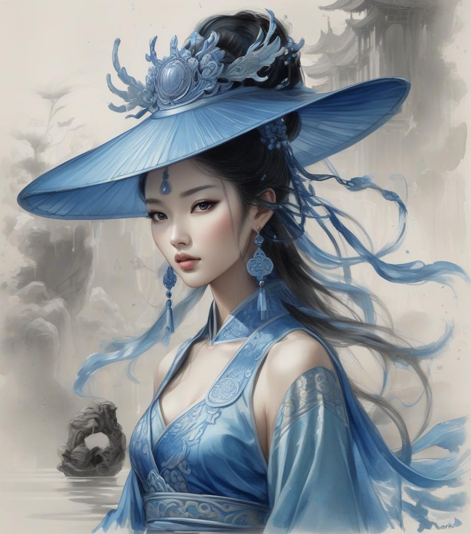  concept art a painting of a woman with a blue hat and a blue dress, ancient asian dynasty princess, ancient chinese goddess, beautiful render of tang dynasty, beautiful oriental woman, chinese art, oriental fantasy, ancient chinese beauties, ancient chinese princess, queen of the sea mu yanling, asian female water elemental, ancient china art style, by luis royo, chinese style painting, watercolor, trending on artstation, sharp focus, studio photo, intricate details, highly detailed, by greg rutkowski . digital artwork, illustrative, painterly, matte painting, highly detailed