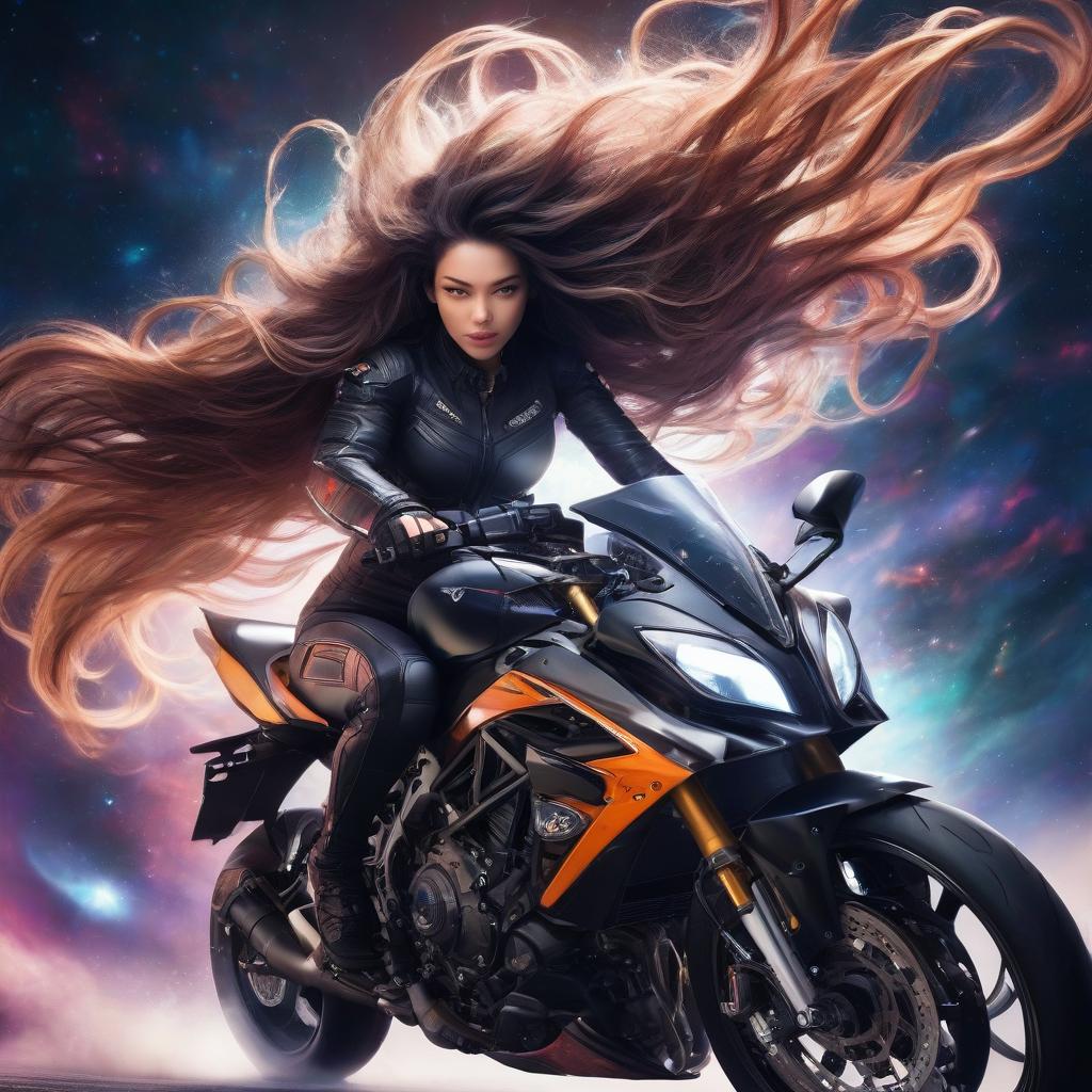  a beautiful girl rides a sports motorcycle, all in skin with her hair loose, into a black hole in space. dynamics, starry sky, against the background of the northern lights, excellent quality, high detail, cyberpunk