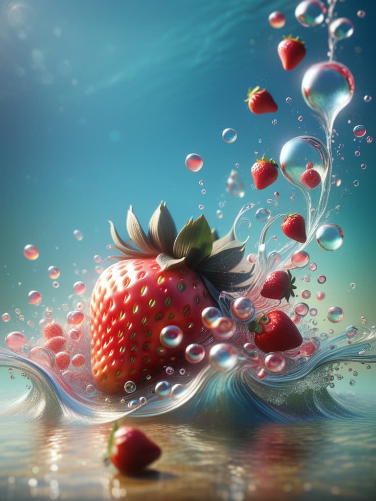  strawberry, spattered water, water plume, underwater light, strawberry contour, instant capture, fuzzy movement. clear water surface, underwater bubbles, reflecting light, fruit colour photo realistic, highly intricate and detailed, masterpiece, ultra high res,photography,8k resolution