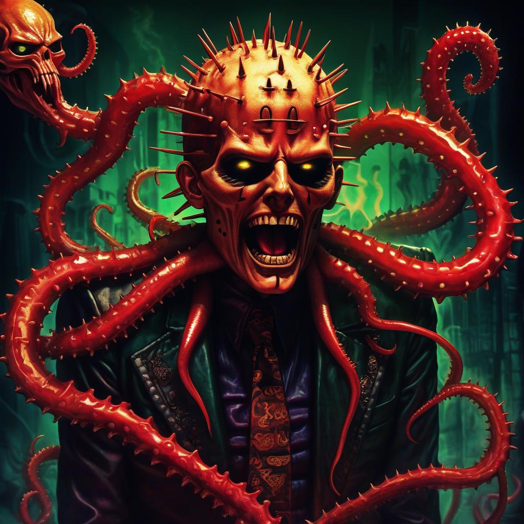  retro game art сташный демон (hellraiser) зеленые искры луна звезды лучи белого света туман и свет желтых огней искры шипы ужас щупальца сташный in wings looks scary prickly red watch in yellow smoke and green sparks suction cups tentacles eyes all lower jaw sting tentacles claws and a terrible moan in red smoke . 16 bit, vibrant colors, pixelated, nostalgic, charming, fun