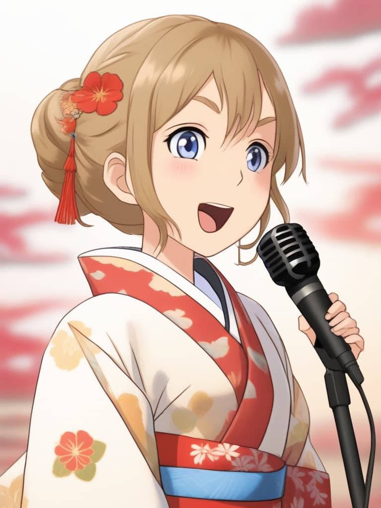  blonde hair,blue eyes,wears japanese kimono,has a hand microphone,and sings enka,