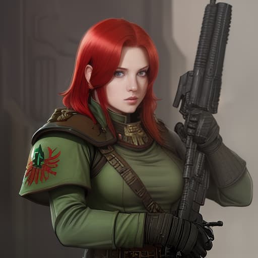  a , an imperial guard soldier from warhammer 40,000. she has short, red hair and green eyes