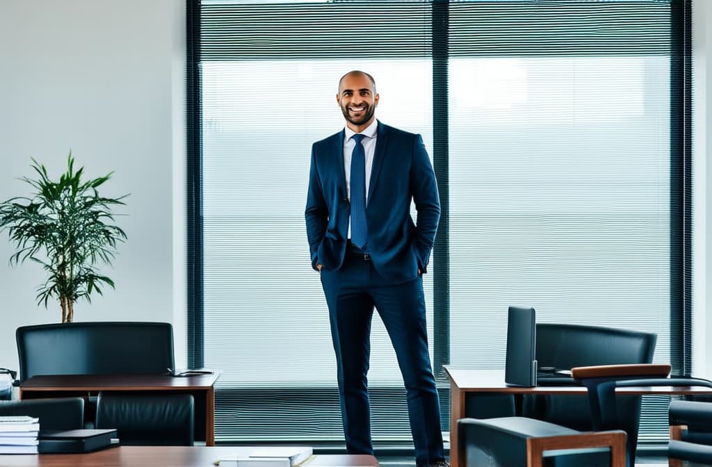  professional detailed photography, portrait of business man standing in open plan office. minimalism style. happy male professional executive manager, financial banking or marketing data. ar 3:2, (muted colors, dim colors, soothing tones), (vsco:0.3)