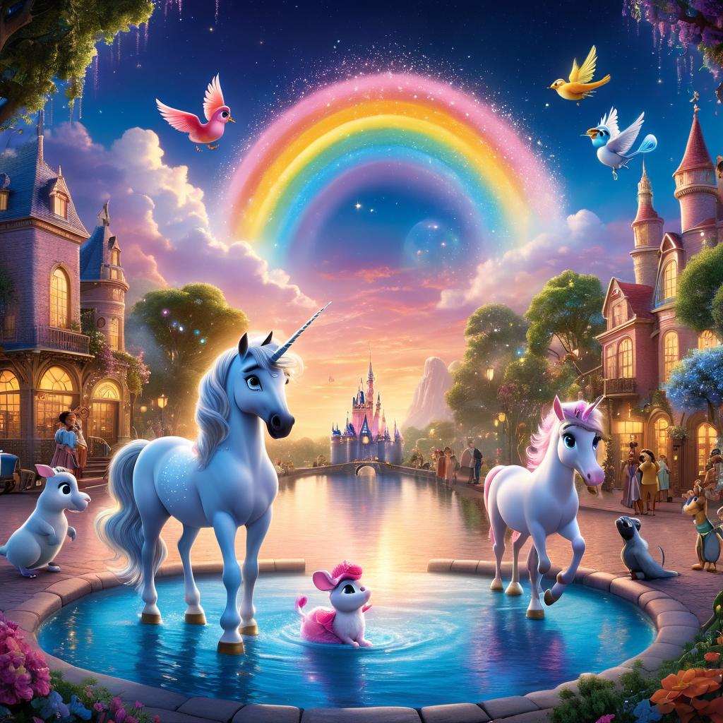  in 3d animated movie style. disney pixar style. fatima, 6, sweet, obedient, curious, in a pink polka dot dress. luna the unicorn, captain bubbles, whiskers the mouse, mr. oakey, and mr. snuggles featured. enchanted world with shimmering waters reflecting rainbow skies, magical beings frolic to gentle music. detailed, high res pixar 3d style. soft pastels, warm lighting for enchanting vibe. bird's eye view capturing interactions with vivid characters and magical setting. aspect ratio: 16:9.