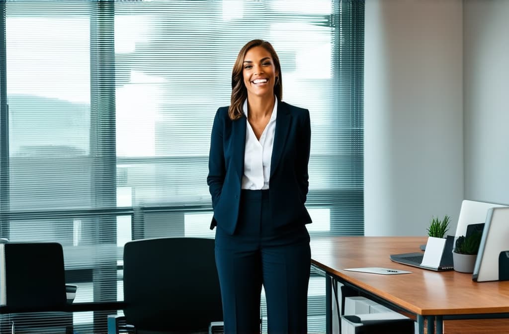  professional detailed photography, portrait of smiling businesswoman standing in open plan office. happy female professional executive manager, financial banking or marketing data. ar 3:2, (muted colors, dim colors, soothing tones), (vsco:0.3)