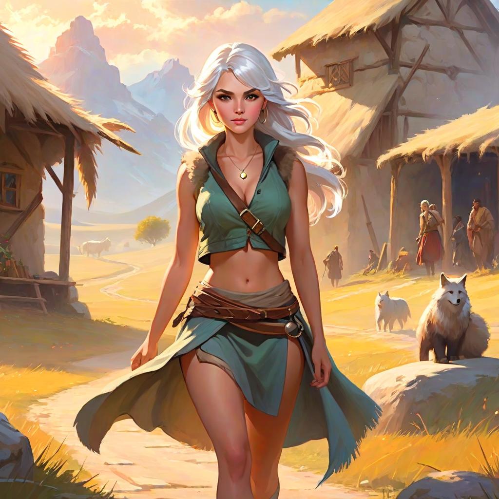  ethereal fantasy concept art of stone age woman in a dirty fur skirt and a dirty fur vest, hunts in the steppe, outdoor, at full heigh body, with white hair, slender, slim waist, long loincloth, tanned skin, at full heigh body, action pose, full heigh body, against the backdrop of a stone age village, . magnificent, celestial, ethereal, painterly, epic, majestic, magical, fantasy art, cover art, dreamy