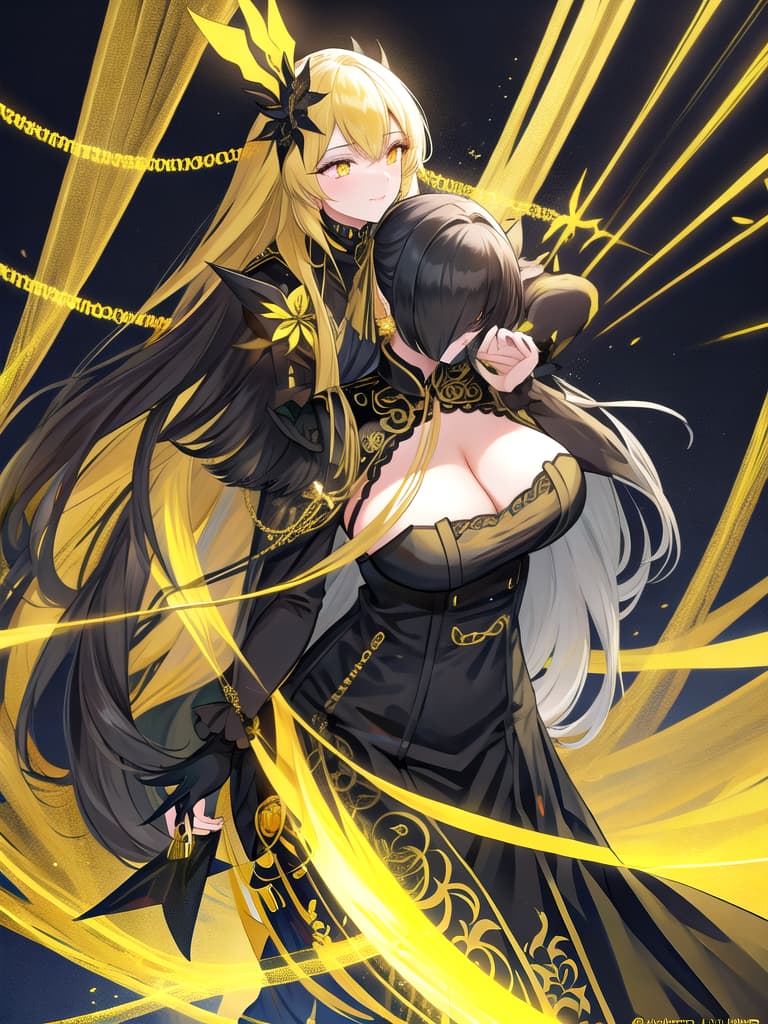  Golden yellow and sleek black color palette, captivating and inviting expression, exuding elegance and charm, magnetic beauty, intricate details, high contrast, luxurious feel, digital art, female, glossy finish, striking composition, dynamic lighting to enhance features.