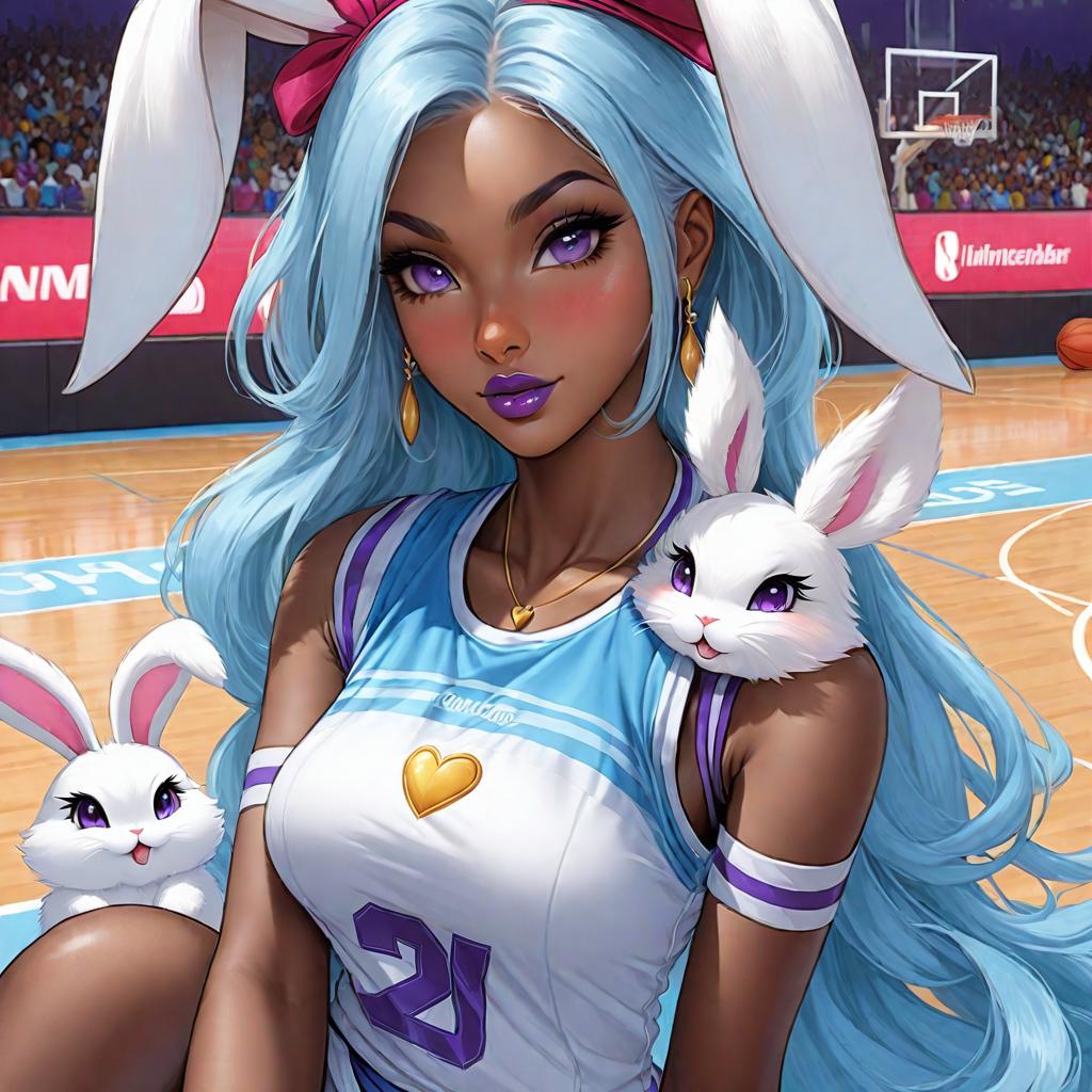  anime art very beautiful, bunny girl, dark brown skin woman, icy blue eyes, white hair, hair accessories, has long bunny ears, has bunny tail, has beauty marks on upper lip and on jaw, bow shaped lips, angled medium arched eyebrows, nubian nose, heart shaped face, vegas gold and purple basket ball jersey, basketball court., award winning, professional, highly detailed, masterpiece