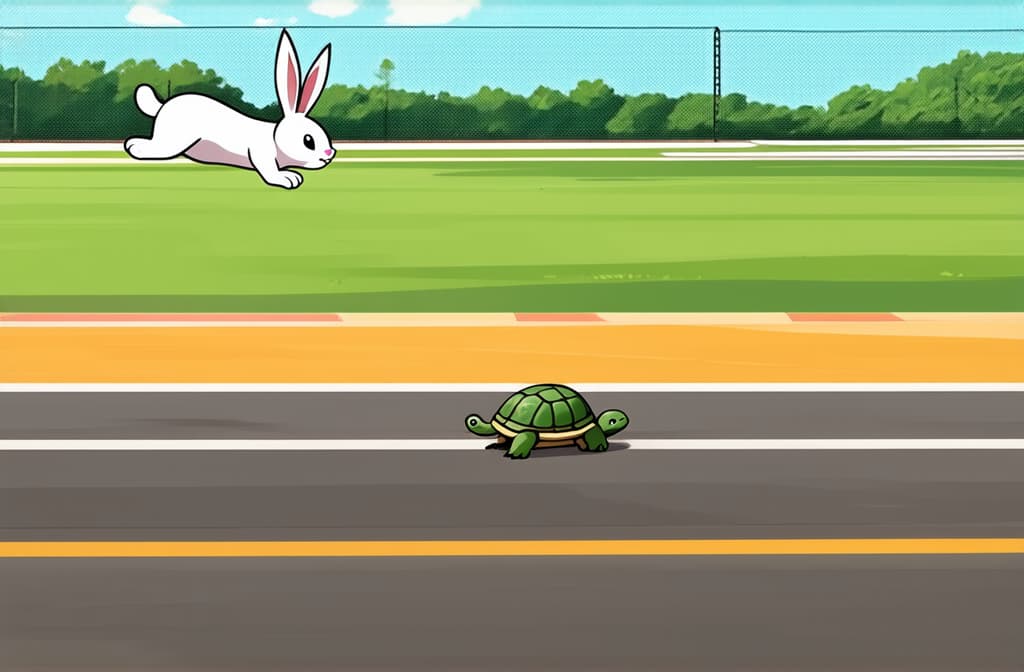  flat illustration, flaticon, (illustration:1.15), bunny jumping after turtle on a race track ar 3:2, [cory loftis, strobist, pascal campion :: 0.2]