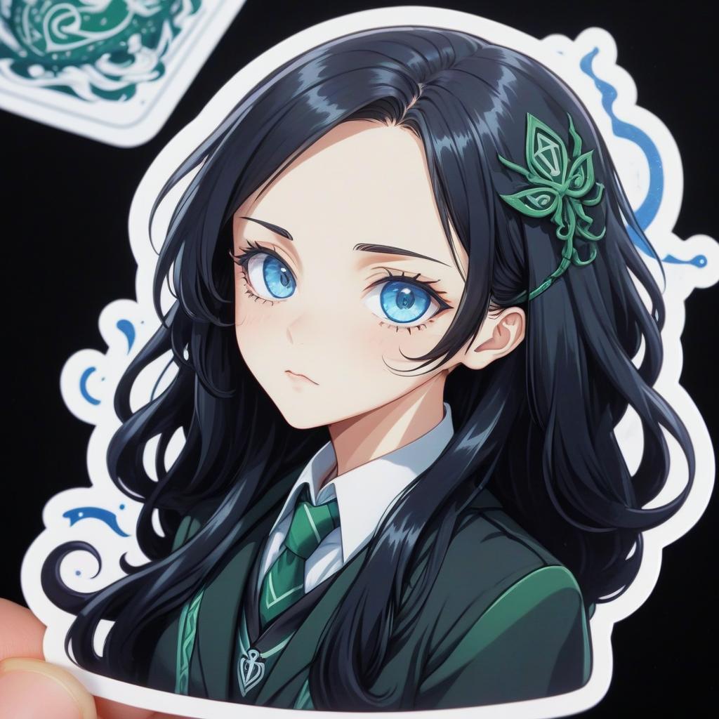  anime artwork , long black hair, open forehead, blue eyes, slytherin shape, , sticker . anime style, key visual, vint, studio anime, highly detailed, sticker