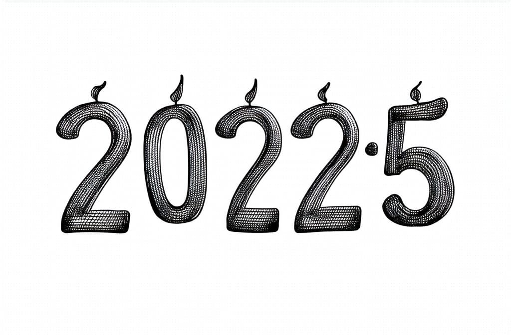  contour, very simple image in one unbroken black ink line, single line of figured candles in the form of numbers "2025" ar 3:2 using a single continuous black line ink brushon white background, drawing should be created without lifting the pen, recognizable features of figured candles in the form of numbers "2025" ar 3:2 in one unbroken line