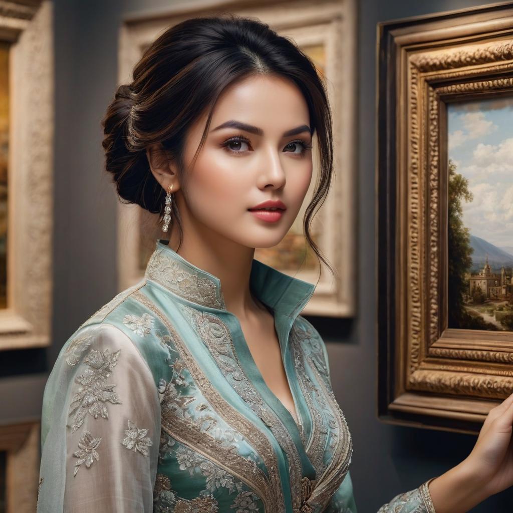  generate an image of a woman looking at a painting in a museum photo realistic, highly intricate and detailed, masterpiece, ultra high res,photography,8k resolution