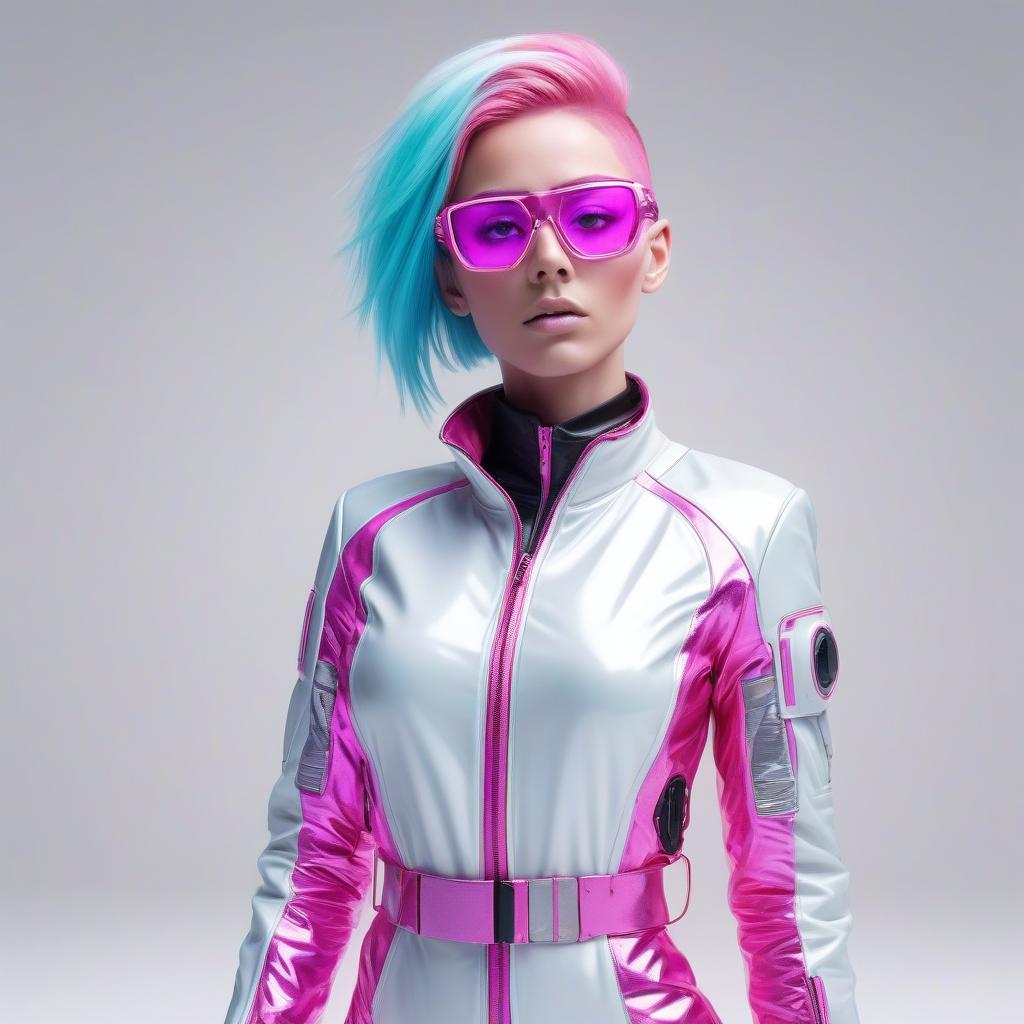  a futuristic female character with pink hair, wearing high tech glasses and neon jacket, white background, full body shot, futuristic fashion style, shiny/glossy, in a sci fi scene, futuristic design, metallic sheen, high resolution, digital art, hyper realistic details