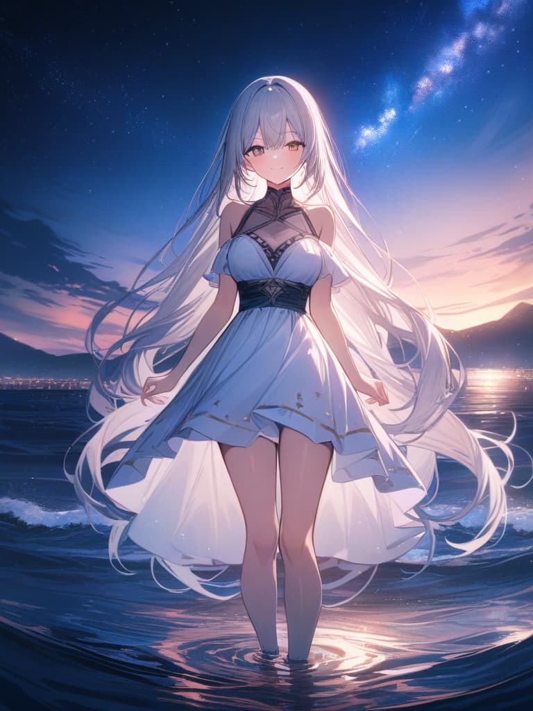  big s, whole body, water surface, standing on the water, legs, white hair, night sea, milky way, super long long hair, ing both hands, smiling, beautiful , masterpiece, best quality,8k,ultra detailed,high resolution,an extremely delicate and beautiful,hyper detail