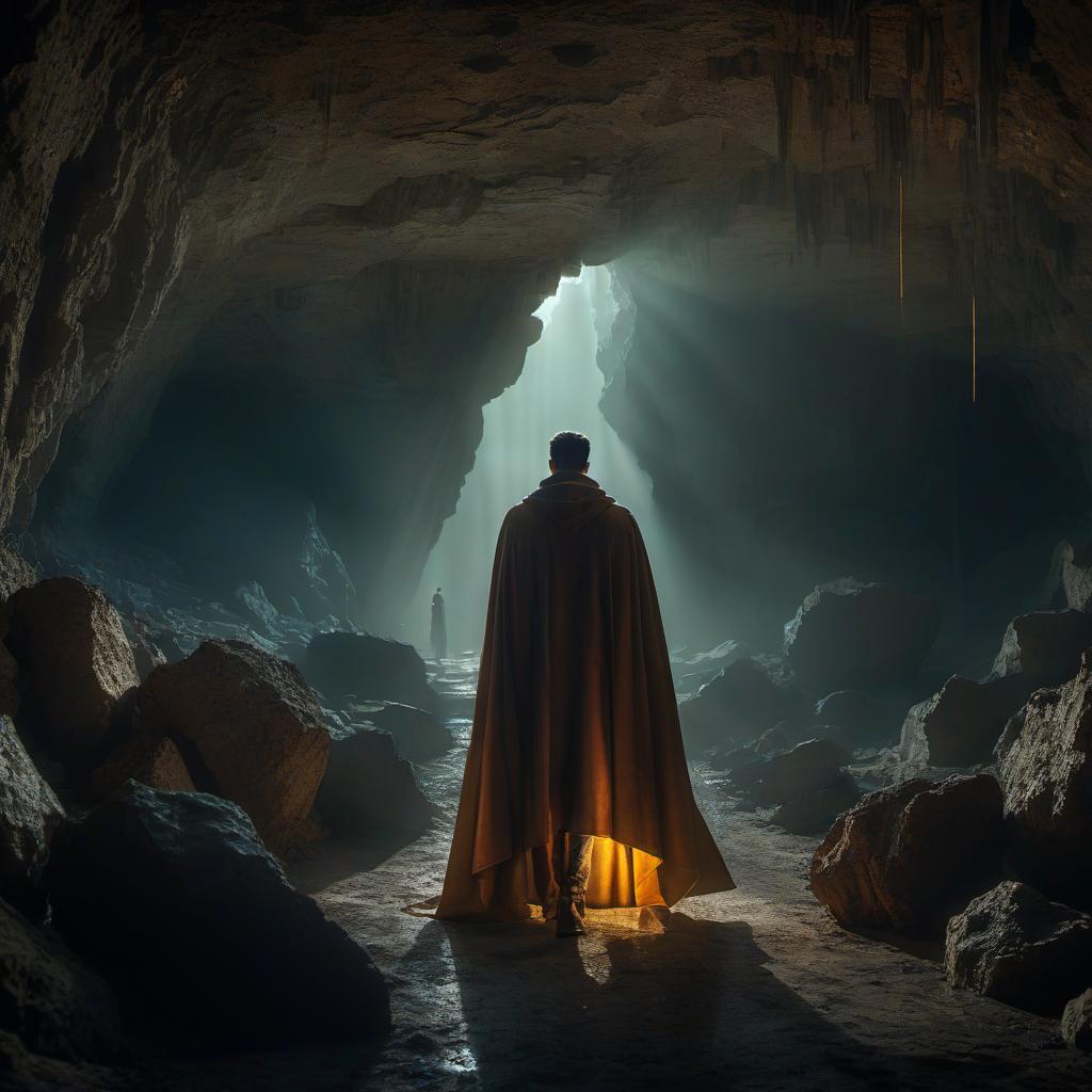  breathtaking man in a cloak in an underground stone cave . award winning, professional, highly detailed, glowneon, hkmagic