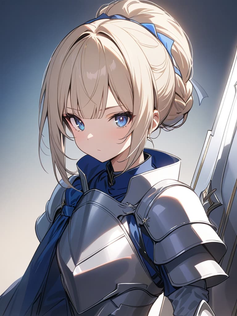  ultra detailed:1.2,masterpiece:1.2,best quality,masterpiece,bestquality,hdr:1.1,8k:1.1,very cute girl:1.3,(silver armor dress,blue dress:1.3)((blond hair,chignon:1.7)),(braided side hair,blunt bangs:1.6),(blue head ribbon:1.1),(blue eyes:1.3),(holding great sword:1.6)dignified expression:1.3,upper body:1.3