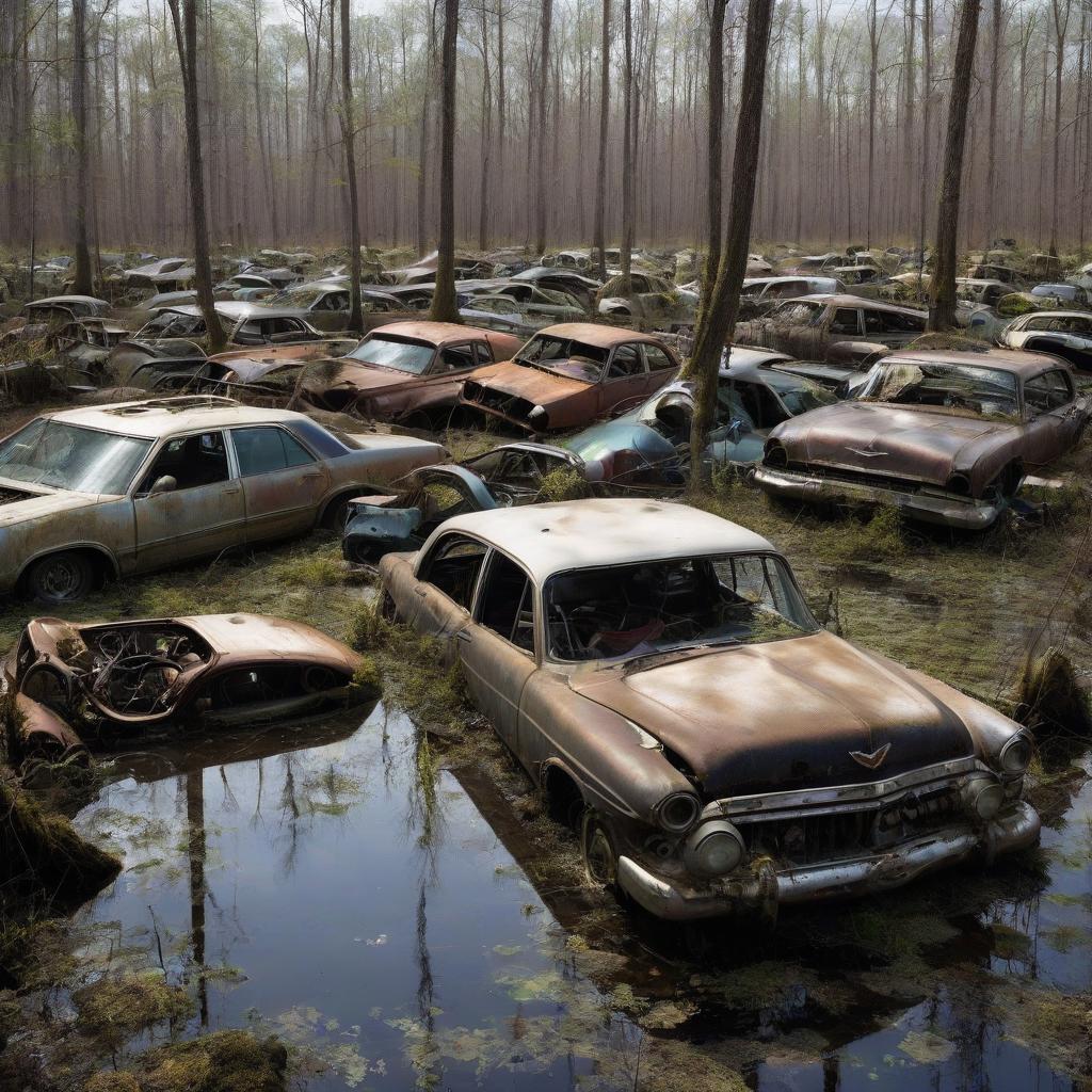  an automobile junkyard in a swamp.