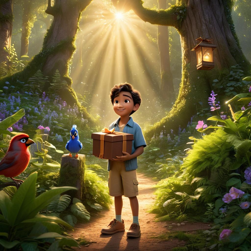  in 3d animated movie style. disney pixar style. "aqil, old in shirt and shorts, holding a small mysterious box from a magical bird, his future. lush, vint forest with warm sunlight filtering through, creating inviting atmosphere. pixar 3d animated film style with detailed rendering for magical essence. bright, soft lights, vint forest colors. slightly elevated angle to capture aqil opening box in enchanting forest, enhancing storytelling."