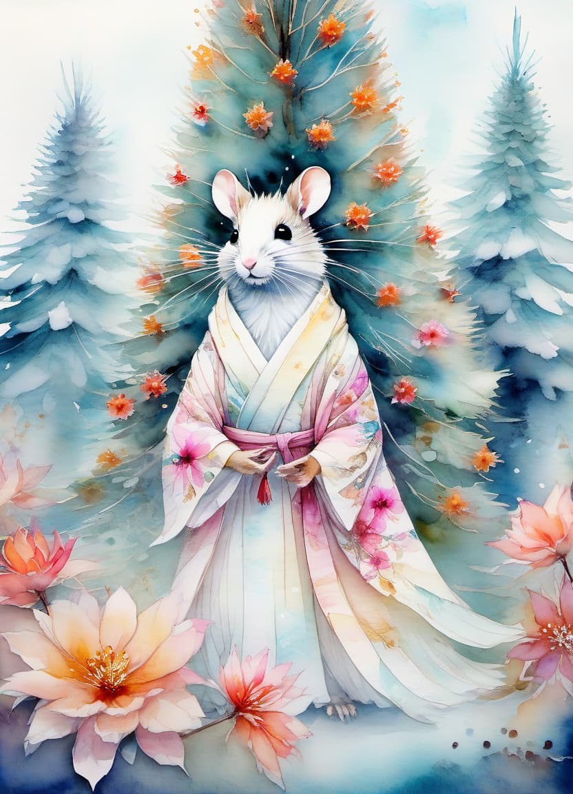  fairy tale christmas trees with cones, mouse in a kimono, (double exposure: 1.4). (soft textured paper). alcohol ink of (bright) flowers. the incompleteness effect. tenderness of watercolors, winter, delicate colors. thin white lines. emotion. light relief pattern. . magical, fantastical, enchanting, storybook style, highly detailed