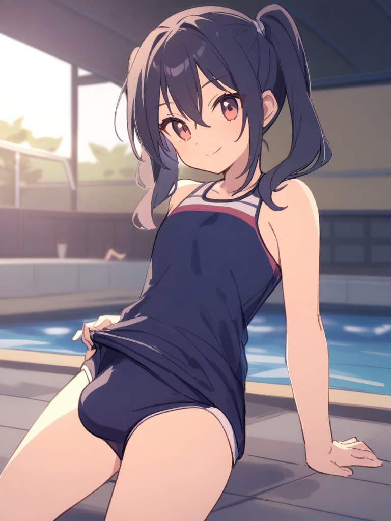  women's elementary students (male), twin tails, cute smiles, (rich s), low stature, dark blue swimwear, old swimwear, swimwear, simple (upward), male , (bulge), front, whole body, pool, pool. side,