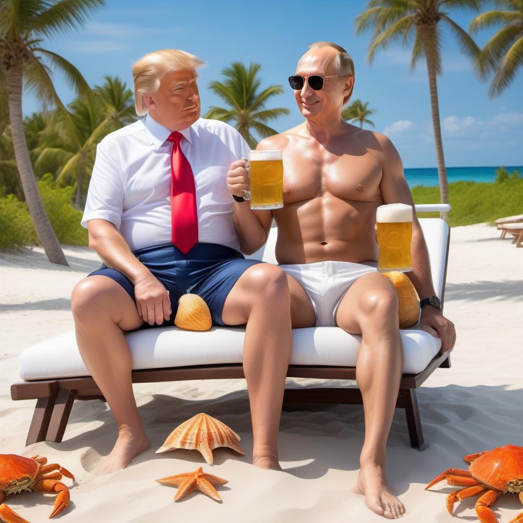  Donald Trump and Vladimir Putin on vacation by the sea, on sun beds, in shirts and shorts , a mug of beer in hand, sand , crabs , shells , starfish , palm trees, very beautiful nature, high detail, quality 50000K