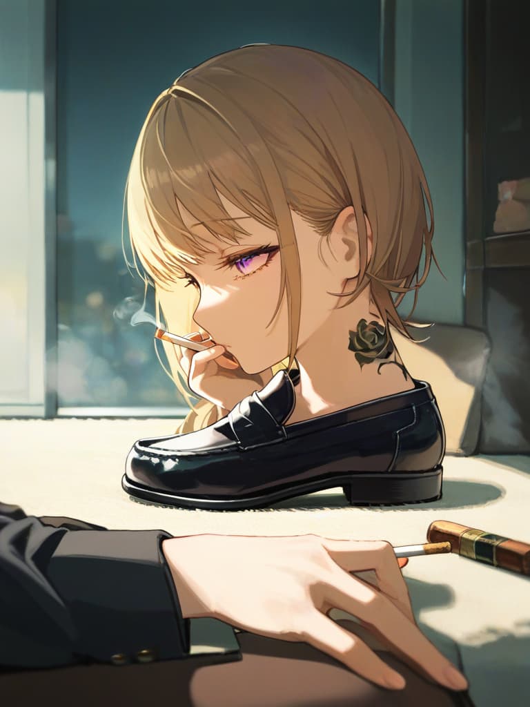  s wearing black loafers, s with blonde bob cut, white pleated s, white pleated s, s wearing spider nests on the left arm, s who smoke cigarettes, purple on the left . a with a rose tattoo, a cigarette, s a cigarette, masterpiece, best quality,8k,ultra detailed,high resolution,an extremely delicate and beautiful,hyper detail