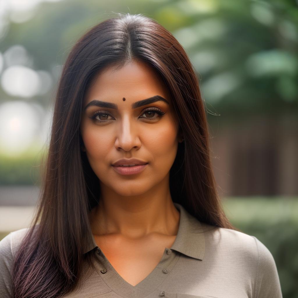  (((realistic full torso frontal head shot of a light brown to medium brown skin tone woman))), komal vidya soni, ((indian heritage)), immature face, green eye color, ((straight hair style)), ((black hair color)), (( body type)), medium size, small size, (immature small rounded nose), (immature prominent cheekbones), (immature smooth jawline), (immature thin lips), (immature broad forehead), (immature slight asymmetry), (immature natural eyebrows), standing straight looking directly into the camera,((wearing fitted polo shirt with deep v neck and monogrammed pocket)), backyard in background, 1, best quality, highest quality, award winning photo, masterpiece, raw, professional photography, photorealism, sharp focus, hyperrealistic, full body, detailed clothing, highly detailed, cinematic lighting, stunningly beautiful, intricate, sharp focus, f/1. 8, 85mm, (centered image composition), (professionally color graded), ((bright soft diffused light)), volumetric fog, trending on instagram, trending on tumblr, HDR 4K, 8K