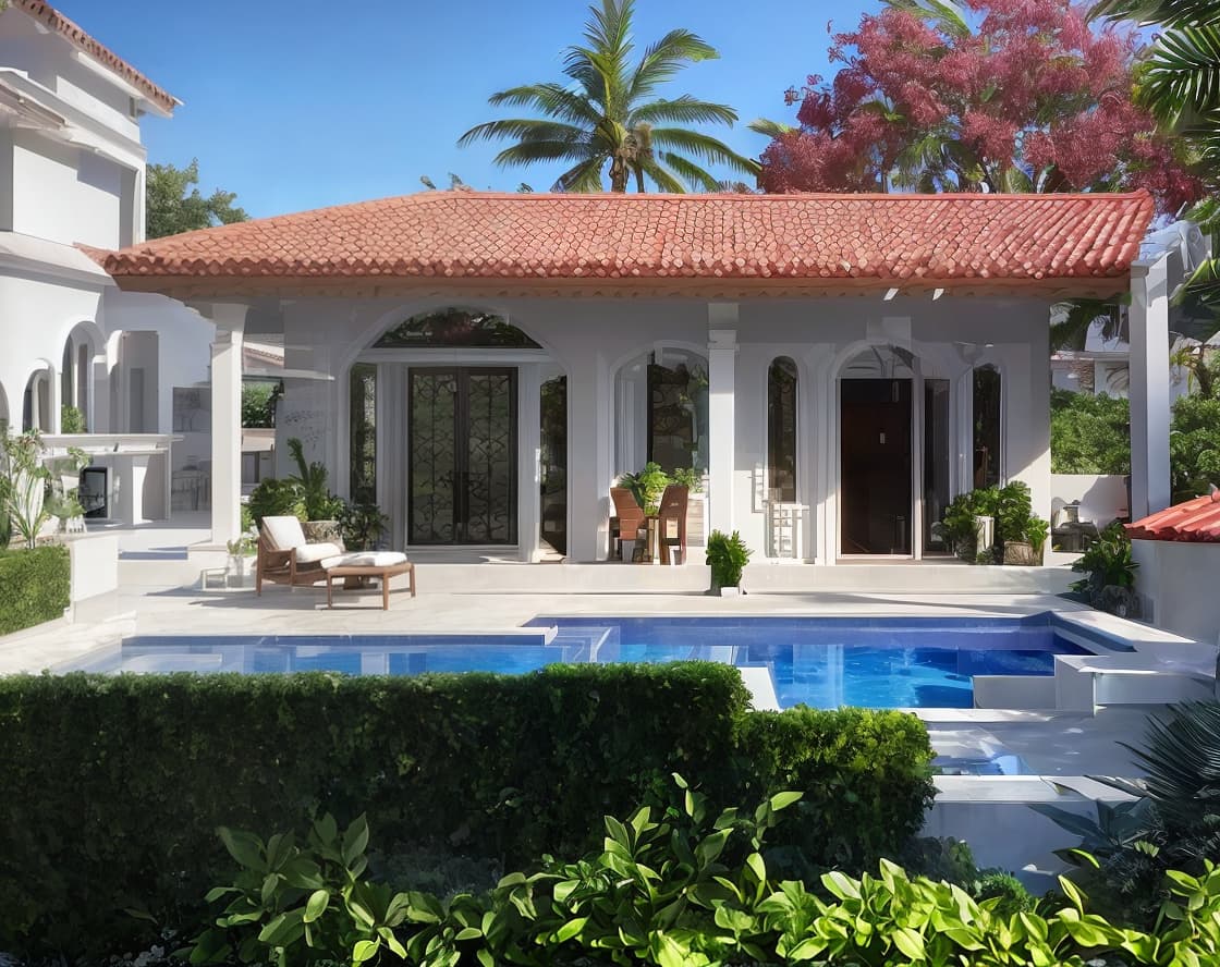  beautiful contemporary mediterranean villa with tropical garden and pool hyperrealistic, full body, detailed clothing, highly detailed, cinematic lighting, stunningly beautiful, intricate, sharp focus, f/1. 8, 85mm, (centered image composition), (professionally color graded), ((bright soft diffused light)), volumetric fog, trending on instagram, trending on tumblr, HDR 4K, 8K