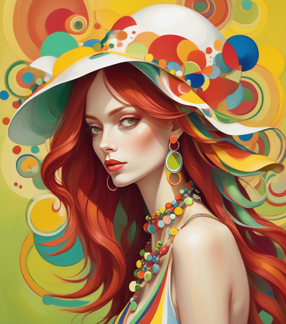  oil painting, beautiful lady in abstract style, long red hair, white bizarre hat with colorful circles, multicolored necklaces, earrings, yellow striped green background abstract vector fractal, wave function, zentangle, 3d shading