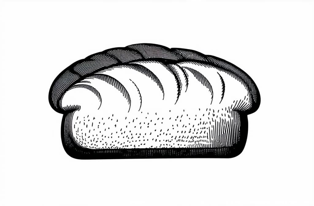  contour, very simple image in one unbroken black ink line, single line of loaf, engraving illustration, icon isolated on white ar 3:2 using a single continuous black line ink brushon white background, drawing should be created without lifting the pen, recognizable features of loaf, engraving illustration, icon isolated on white ar 3:2 in one unbroken line