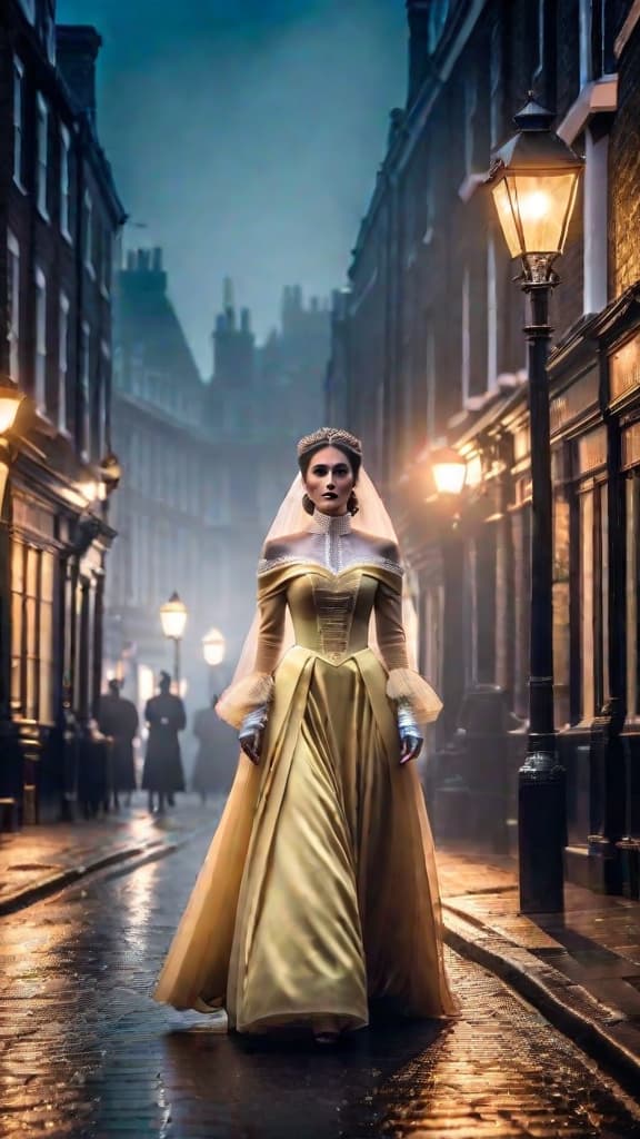  a ghostly figure in victorian attire, blending into the foggy streets of london, shrouded in mystery and time. hyperrealistic, full body, detailed clothing, highly detailed, cinematic lighting, stunningly beautiful, intricate, sharp focus, f/1. 8, 85mm, (centered image composition), (professionally color graded), ((bright soft diffused light)), volumetric fog, trending on instagram, trending on tumblr, HDR 4K, 8K