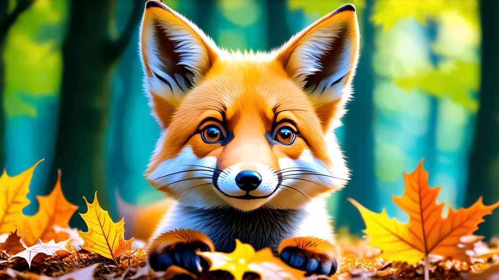  a hyper realistic detailed image of a young fox peeking through autumn leaves with a blurred forest background ar 16:9 {prompt}, maximum details