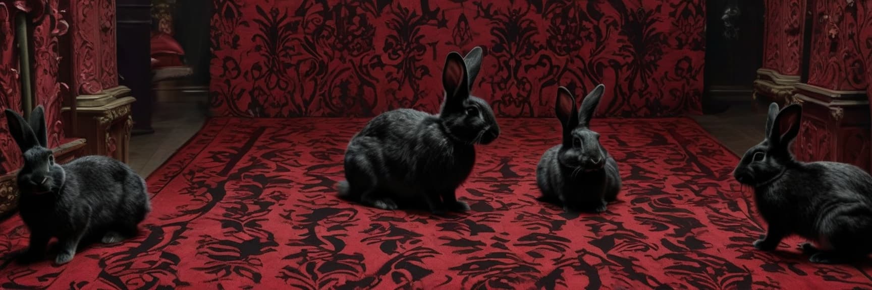  gothic style patterned red black carpet cover rabbits . dark, mysterious, haunting, dramatic, ornate, detailed