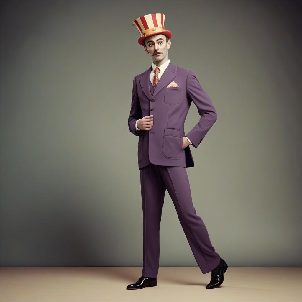  a stage image of a man. circus suit, big pockets, button headdress. full length suit with shoes. good face.