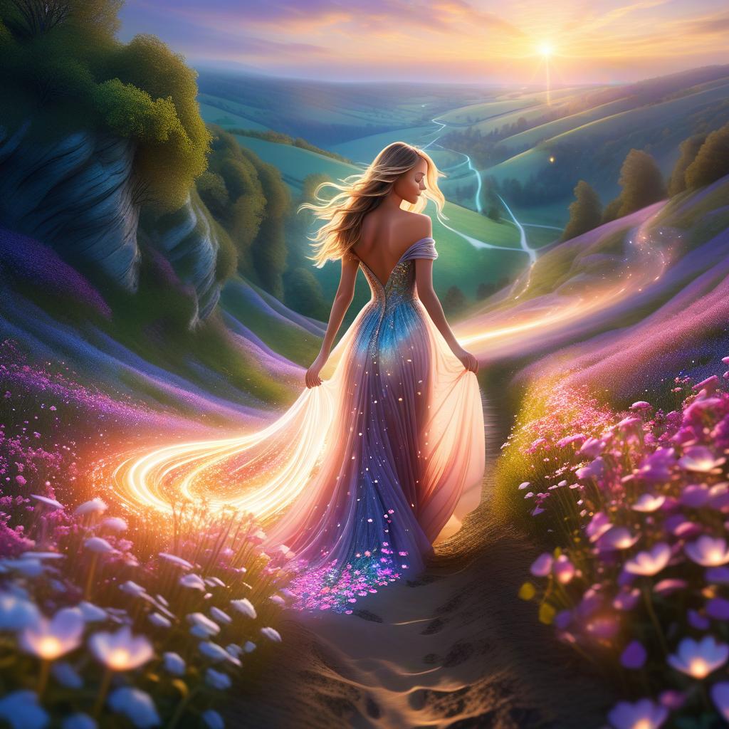  a magical scene where an elegant woman in a flowing, flowered gown walks through a mystical landscape. with each step she takes, a trail of vibrant flowers blooms behind her, forming heart shapes as they trail off. her dress sparkles with soft glowing light, and the entire scene is filled with a dreamy, ethereal aura. the background blends into a magical landscape with glowing heart shaped flower trails, soft sparkles, and glowing light, emphasizing her connection to nature and magic., high quality, high details, hd, perfect composition, 4k epic detailed, highly detailed, sharp focus, high resolution